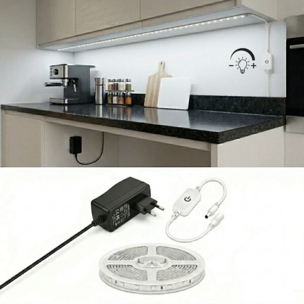 5 Metre Beyaz Şerit Led Işık Seti - Dimmer Butonlu ve Adaptörlü - Mutfak Tezgahı, Raf ve Tv Ünitesi Aydınlatma