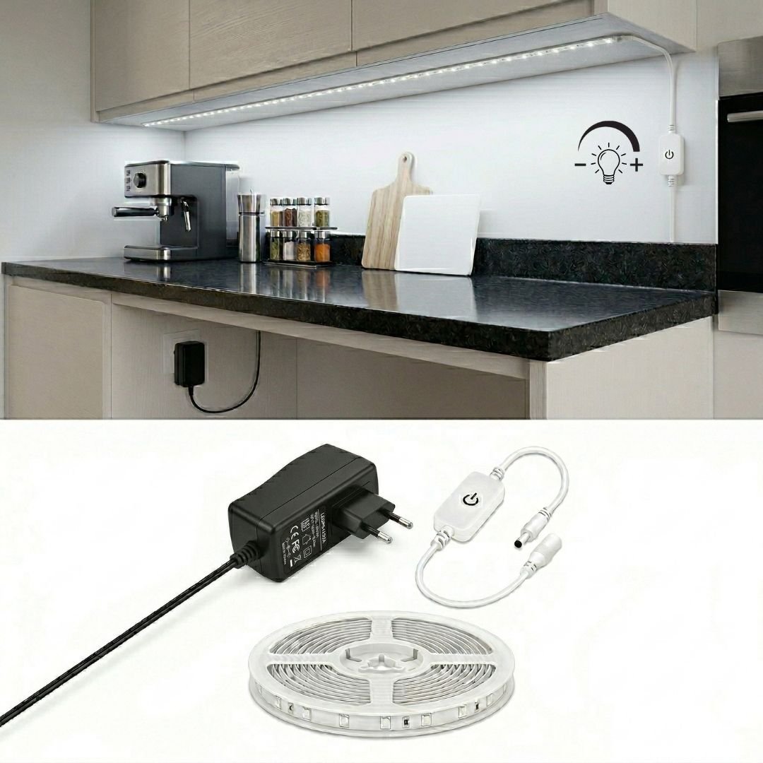 5 Metre Beyaz Şerit Led Işık Seti - Dimmer Butonlu ve Adaptörlü - Mutfak Tezgahı, Raf ve Tv Ünitesi Aydınlatma