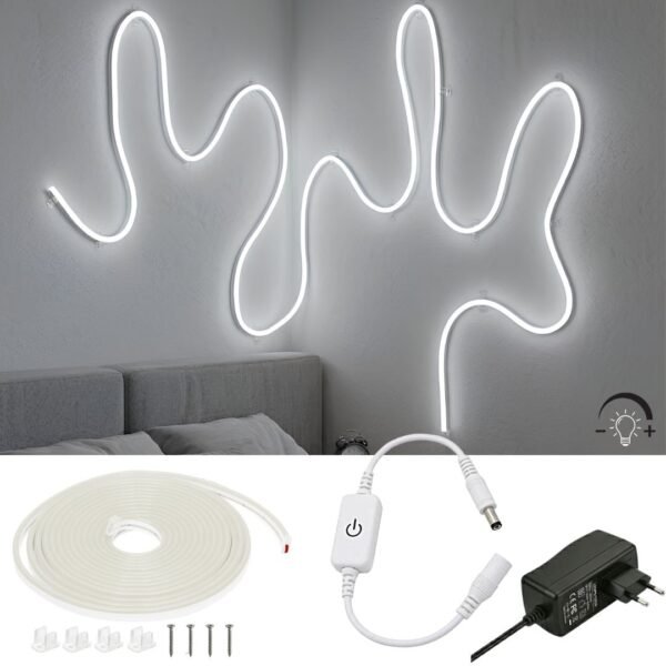 Esnek Neon Led Şerit Işık 5 Metre Beyaz Dimmer Buton Dekoratif Ambiyans Aydınlatma