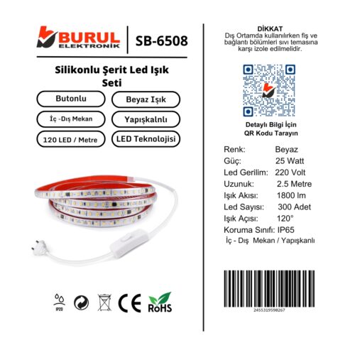 Sb-6548 15 Metre Beyaz Işık Yapışkanlı Yüksek Lümen Silikonlu Şerit Led Işık Fişli Aydınlatma - Görsel 7