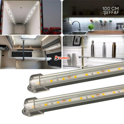 SB-6550 - 2 Adet Alüminyum Kasa Çubuk Led 12 Volt Beyaz Işık 100 Cm Şeffaf Karavan Tekne Otomobil