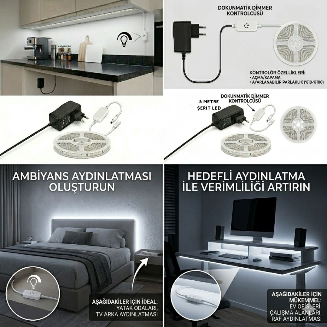 5 Metre Beyaz Şerit Led Işık Seti - Dimmer Butonlu ve Adaptörlü - Mutfak Tezgahı, Raf ve Tv Ünitesi Aydınlatma - Görsel 3