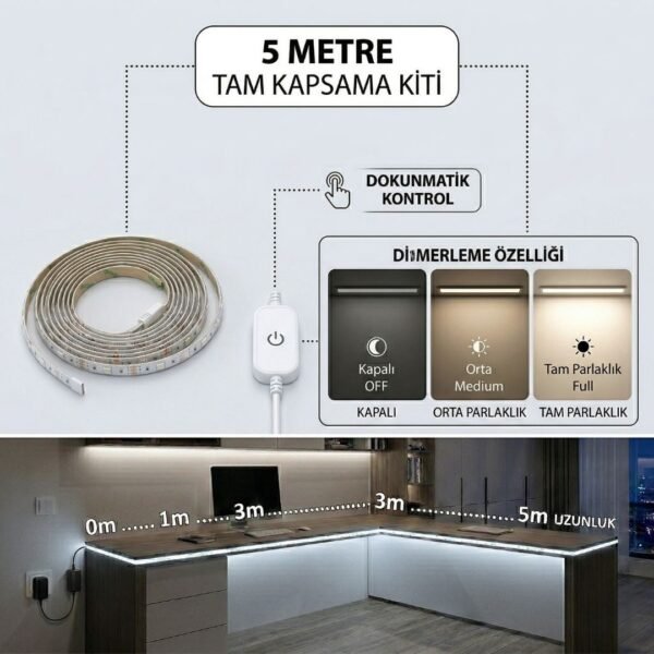 Alternative view of 5 Metre Beyaz Şerit Led Işık Seti - Dimmer Butonlu ve Adaptörlü - Mutfak Tezgahı, Raf ve Tv Ünitesi Aydınlatma
