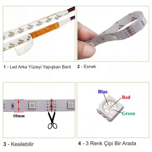 Rgb Şerit Led Işık İç Ortam 12 Volt 5 Metre - Görsel 3