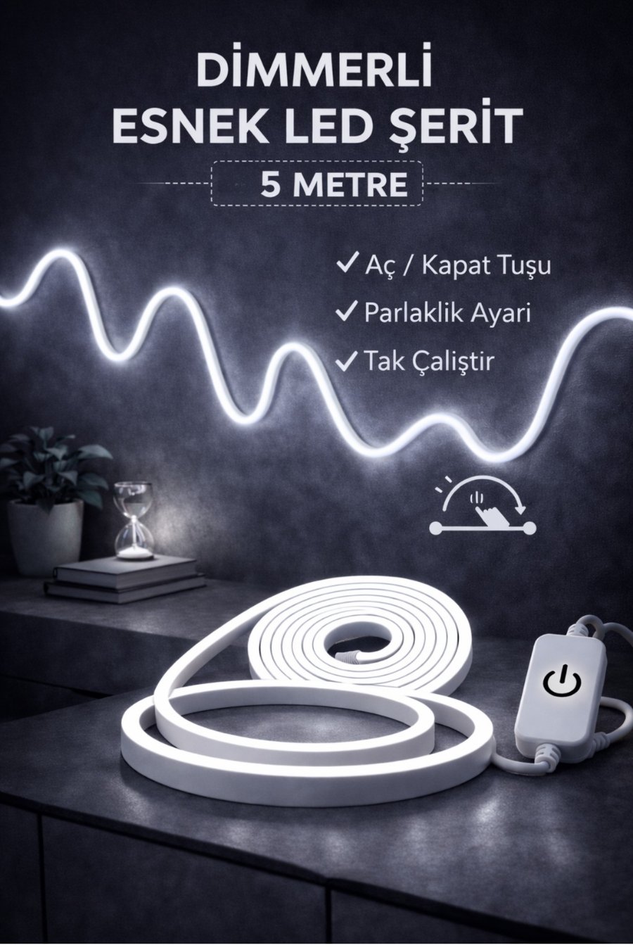 Neon Led Şerit Işık 5 Metre Dimmerli Beyaz Işık – Esnek Led Şerit Dekoratif Işık Set