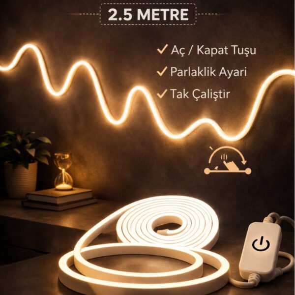 Neon Led Şerit Işık 2.5 Metre Dimmerli Gün Işığı – Esnek Led Şerit Dekoratif Işık Seti