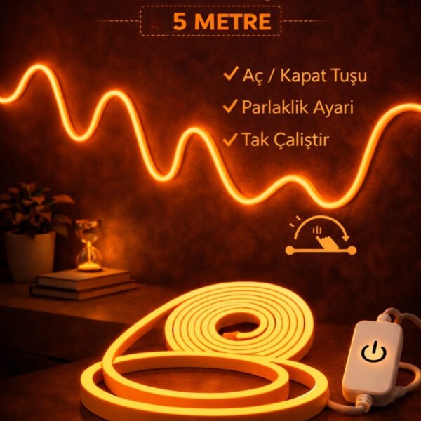 Neon Led Şerit Işık 5 Metre Dimmerli Amber – Esnek Led Şerit Dekoratif Işık Seti