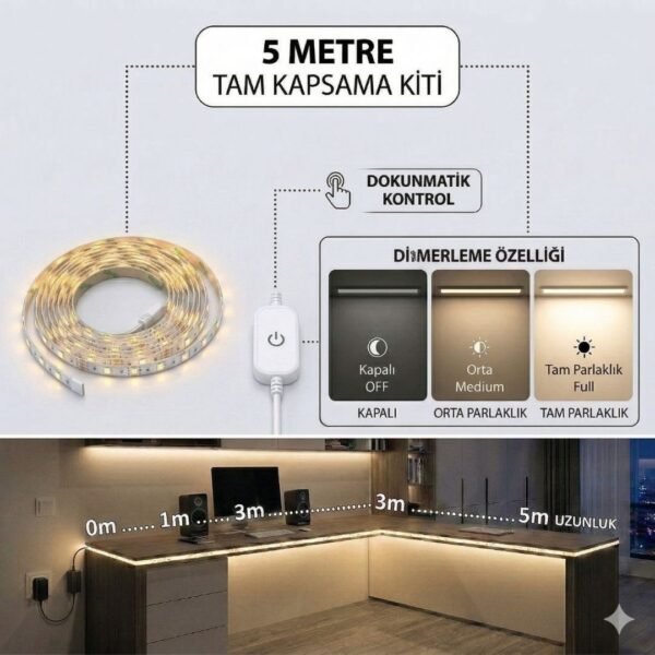 Alternative view of 5 Metre Gün Işığı Şerit Led Işık Seti - Dimmer Butonlu ve Adaptörlü - Mutfak Tezgahı, Raf ve Tv Ünitesi Aydınlatma