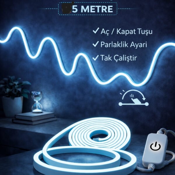 Neon Led Şerit Işık 5 Metre Dimmerli Buz Mavi – Esnek Led Şerit Dekoratif Işık Seti