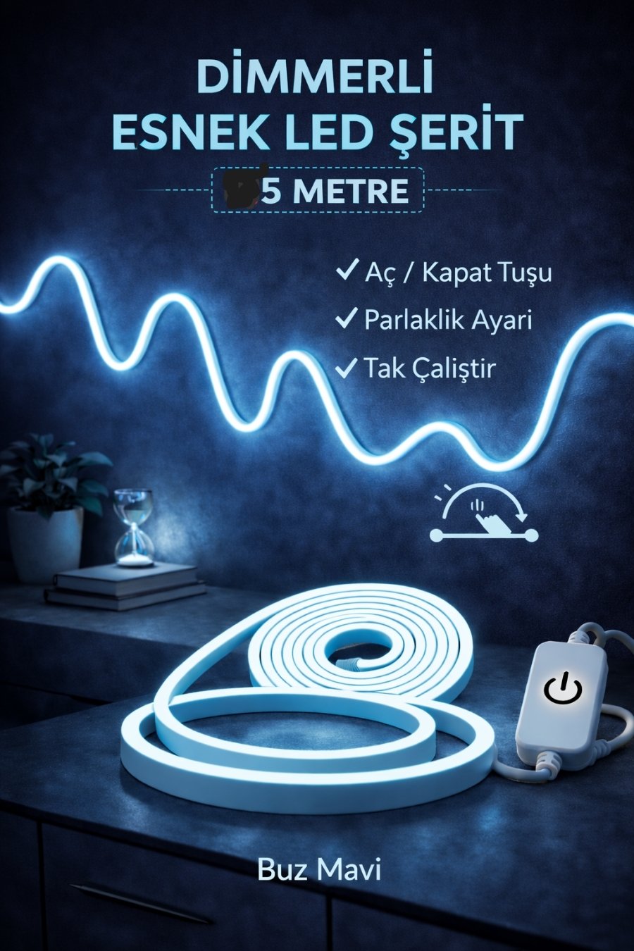 Neon Led Şerit Işık 5 Metre Dimmerli Buz Mavi – Esnek Led Şerit Dekoratif Işık Seti