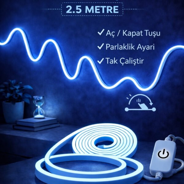 Neon Led Şerit Işık 2.5 Metre Dimmerli Mavi – Esnek Led Şerit Dekoratif Işık Seti