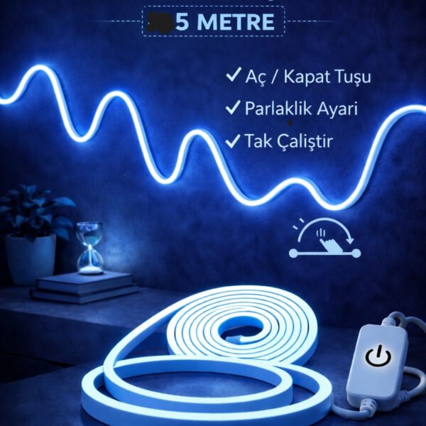 Neon Led Şerit Işık 5 Metre Dimmerli Mavi – Esnek Led Şerit Dekoratif Işık Seti