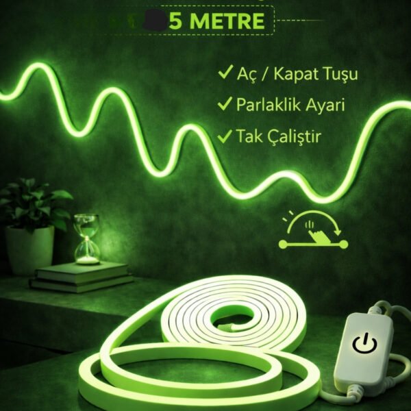 Neon Led Şerit Işık 5 Metre Dimmerli Yeşil – Esnek Led Şerit Dekoratif Işık Seti