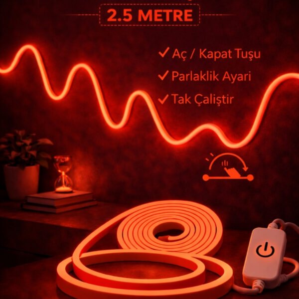 Neon Led Şerit Işık 2.5 Metre Dimmerli Kırmızı – Esnek Led Şerit Dekoratif Işık Seti