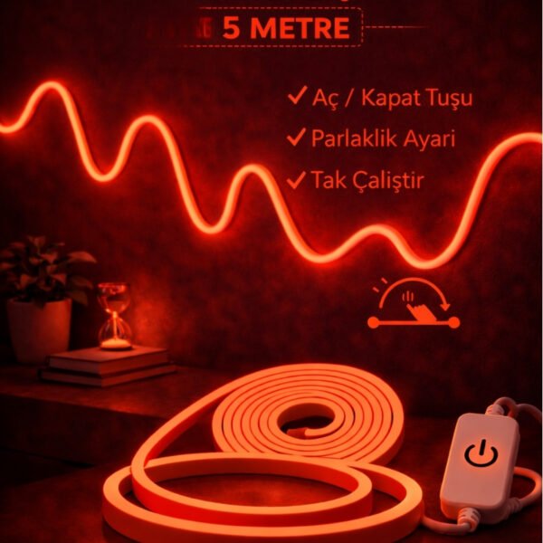 Neon Led Şerit Işık 5 Metre Dimmerli Kırmızı – Esnek Led Şerit Dekoratif Işık Seti
