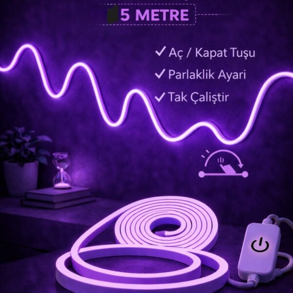 Neon Led Şerit Işık 5 Metre Dimmerli Mor – Esnek Led Şerit Dekoratif Işık Seti