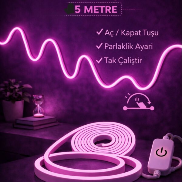 Neon Led Şerit Işık 5 Metre Dimmerli Pembe – Esnek Led Şerit Dekoratif Işık Seti