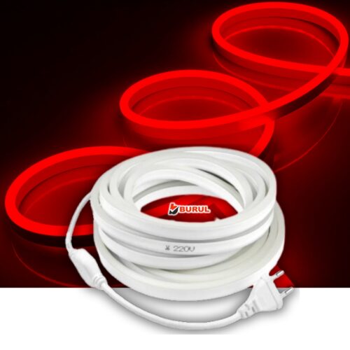 SB-6509 50 Metre Kırmızı Işık Neon Led Şerit Dış Mekan Silikonlu Esnek Dekoratif Aydınlatma 220v Fişli