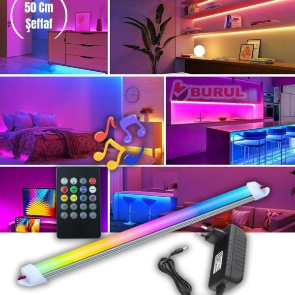50 cm Şeffaf 8 Renk Kumandalı Sese Duyarlı Renk Değiştiren RGB Çubuk Şerit Led Işık SB-6541