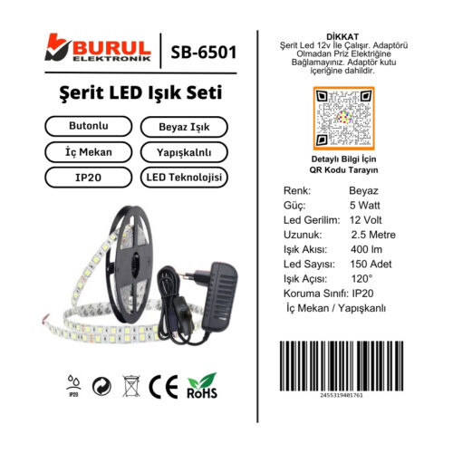 SB-6556 2.5 Metre Beyaz Şerit Led Işık Seti Butonlu Mutfak Tezgah Çalışma Masası Raf Işıkları - Görsel 8