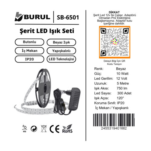 SB-6556 5 Metre Beyaz Şerit Led Işık Seti Butonlu Mutfak Tezgah Çalışma Masası Raf Işıkları - Görsel 8
