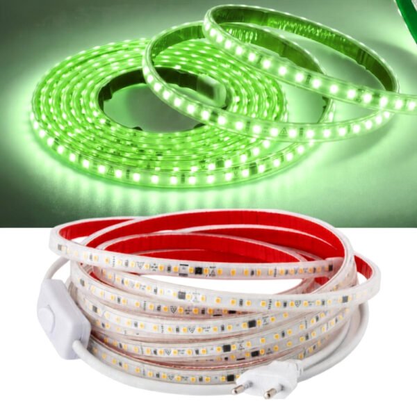 Şerit LED Yeşil 220V Yüksek Parlaklık, 120 LED/m, Tak Çalıştır, Fişli Anahtarlı, Silikonlu İç/Dış Mekan, Yapışkanlı, Mutfak, Tezgah Altı, Mobilya, Asma Tavan, Bahçe, SB-6508