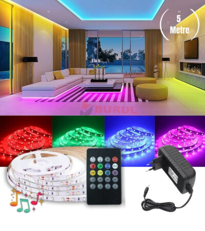 SB-6546 5 Metre 8 Renk Kumandalı Sese Duyarlı Renk Değiştiren RGB Şerit Led Işık Seti